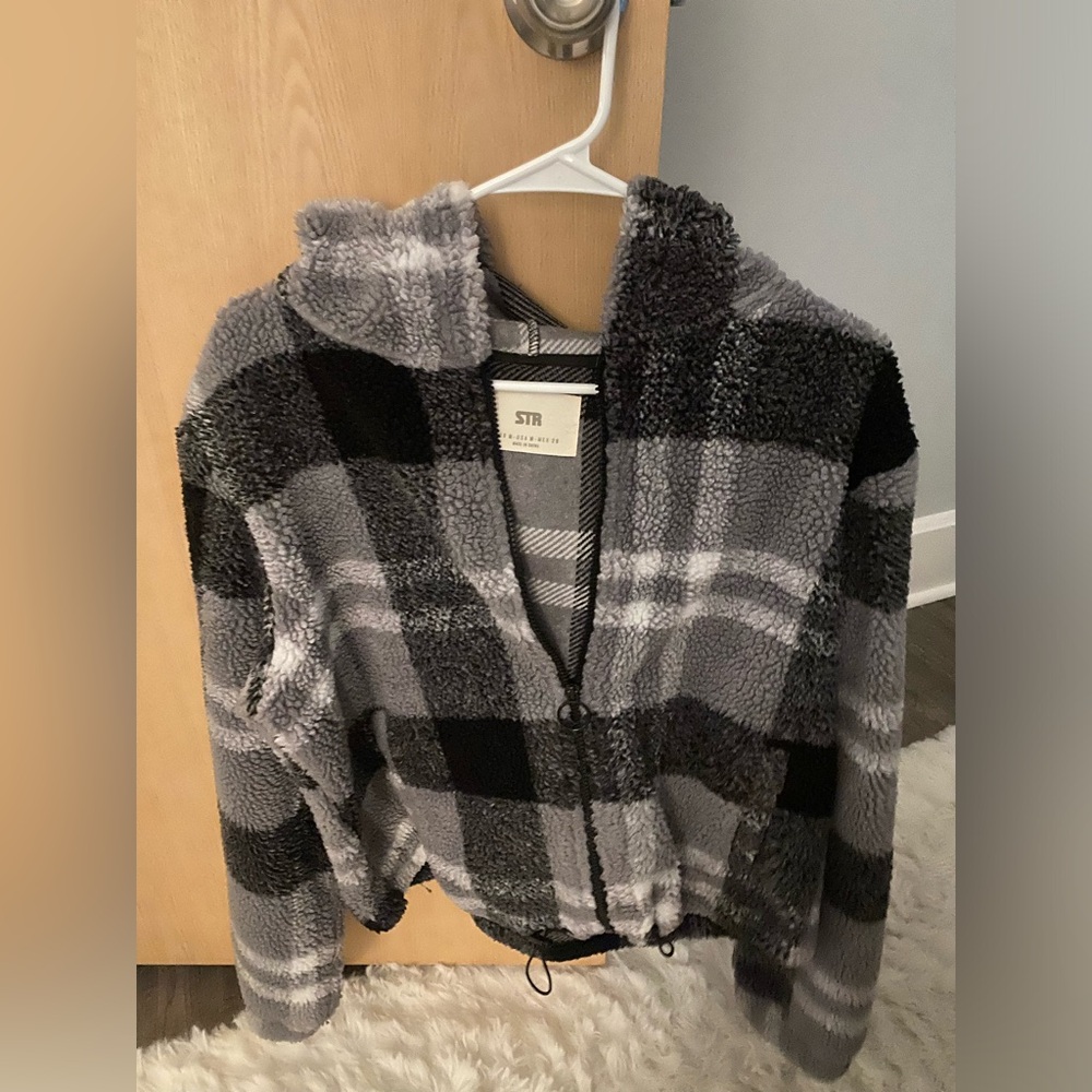 Fuzzy hooded zip up jacket. Size M